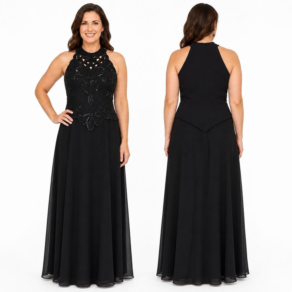 Karen Miller VTG High Neck Black Beaded Sequined Full Length Formal Gown